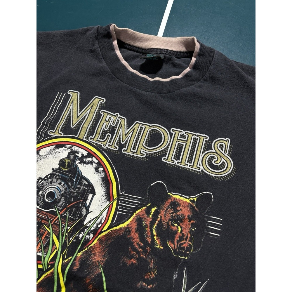 Vintage 90s Memphis T-shirt XL Black Grizzly Bear Train Spirit Of The Country - Picture 3 of 9